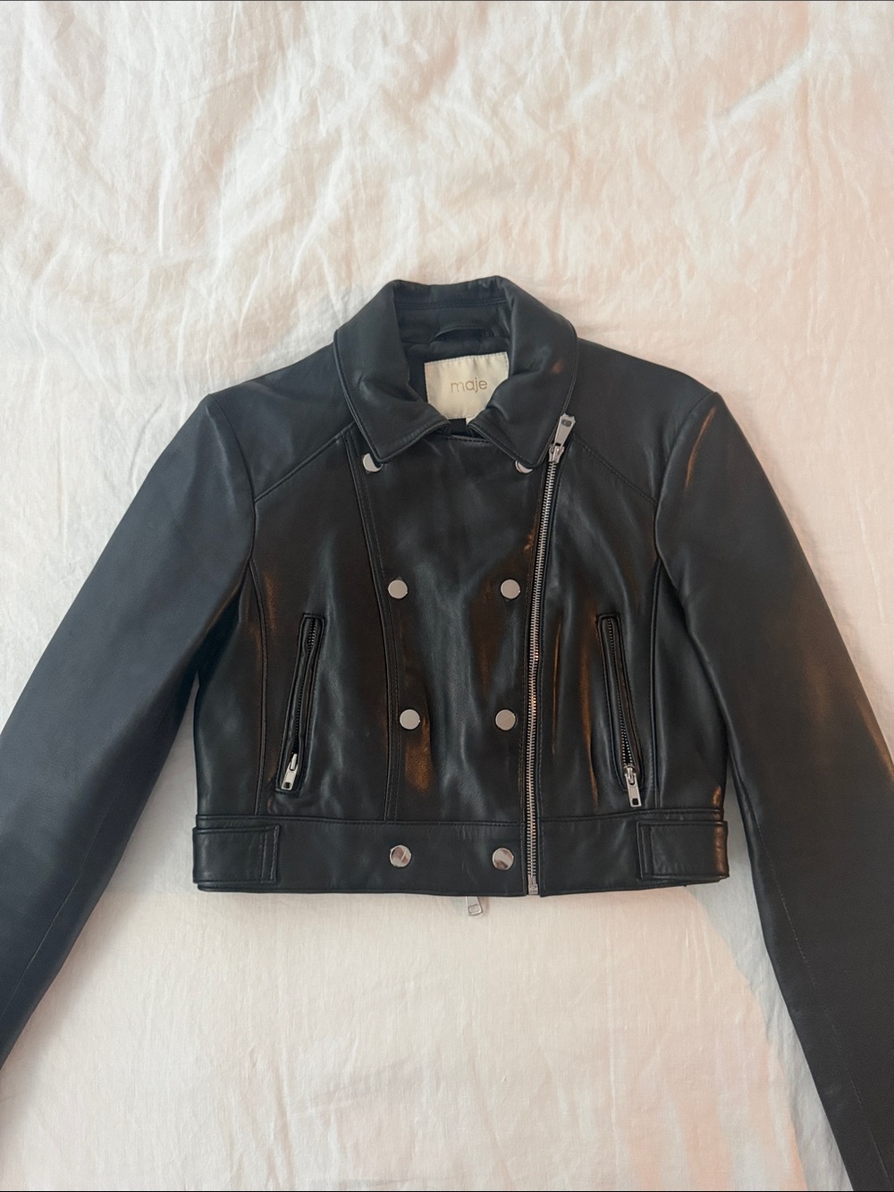 Maje Black Leather Double-Breasted Moto Jacket with Silver Hardware